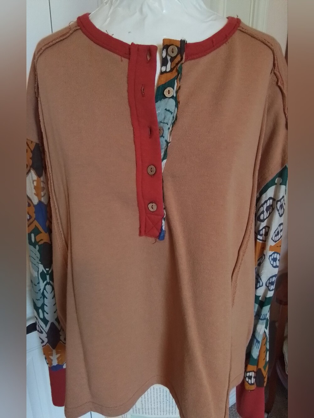 Boho Patch Sleeve Tan Henley Top with Red Trim